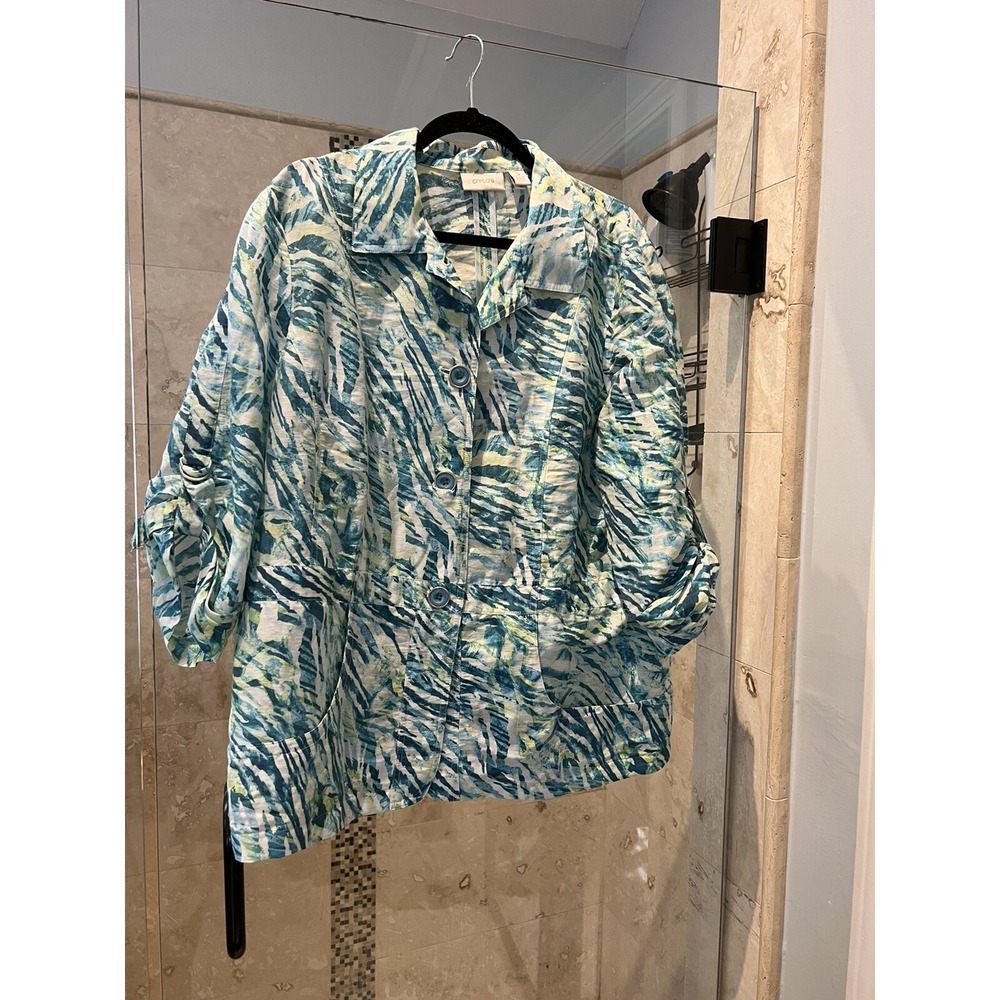Chico’s Linen Blend Lightweight Floral Jacket 3 Blue White green Button up